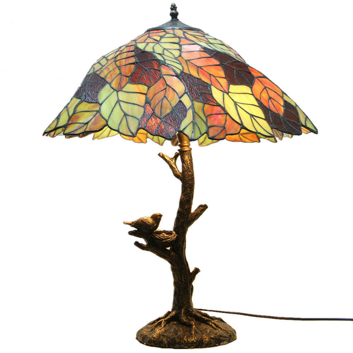 Vintage Tiffany Leaf Stained Glass 2-Light Table Lamp
