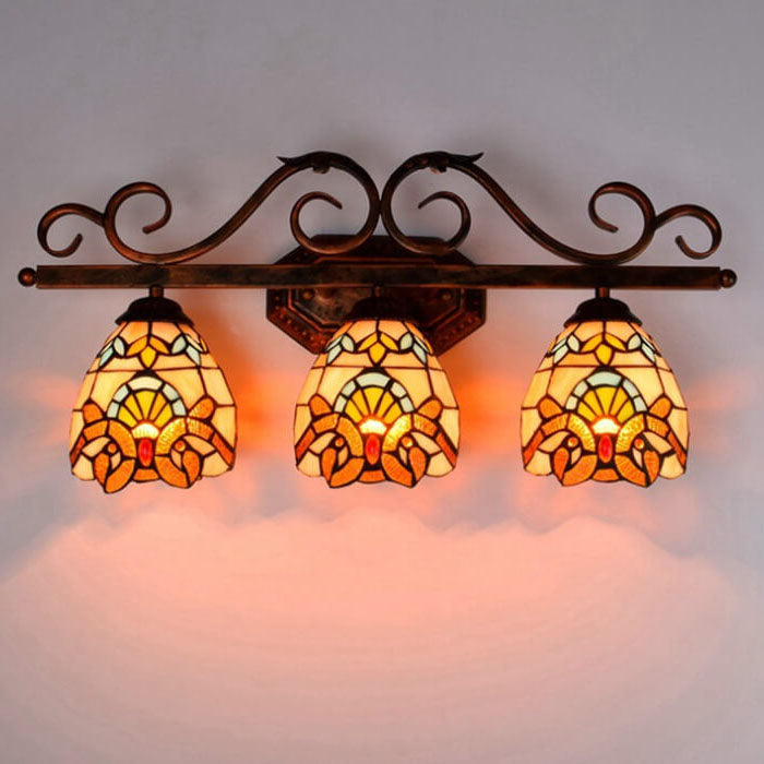 Vintage Tiffany Baroque Stained Glass 3-Light Wall Sconce Lamp