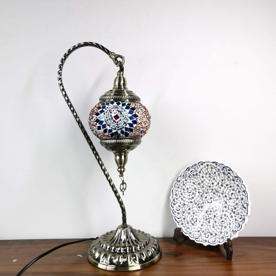 Vintage Turkish Stained Glass Swan Neck 1-Light Table Lamp