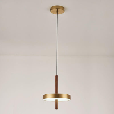 Vintage Walnut Flat Round Brass LED Pendant Light