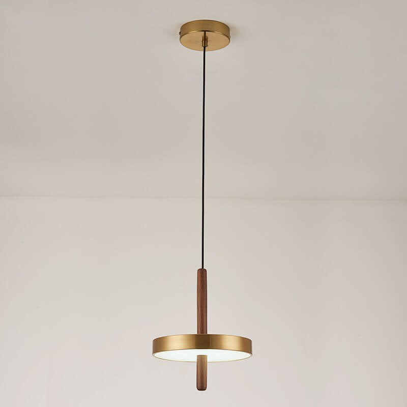 Vintage Walnut Flat Round Brass LED Pendant Light