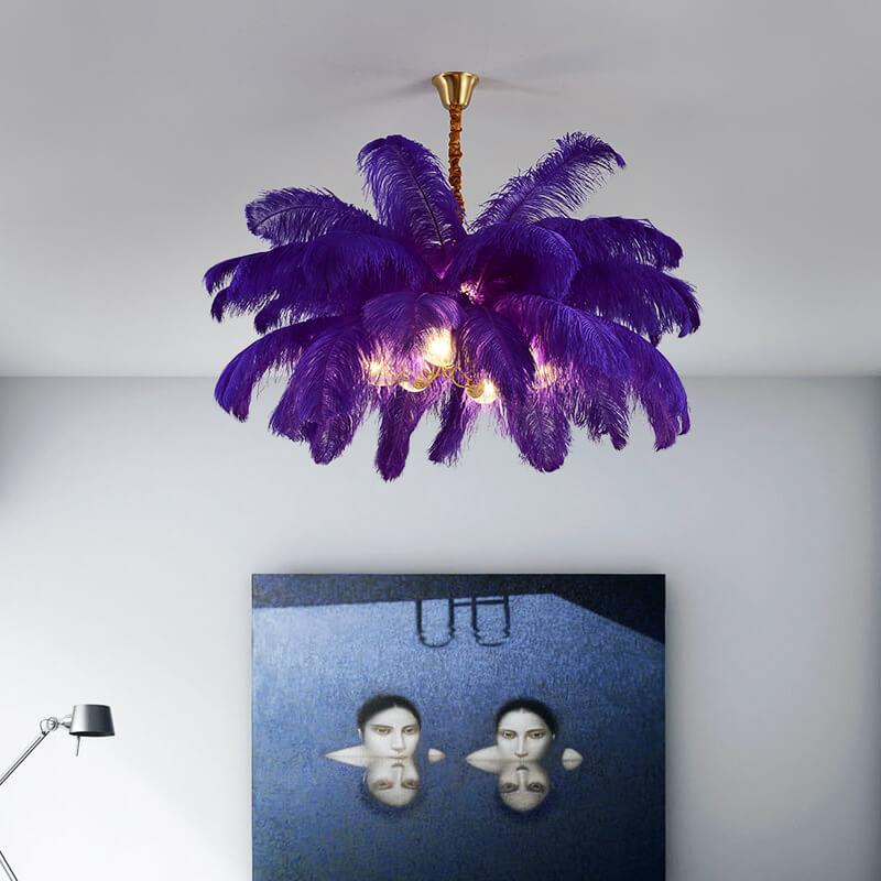 Modern Ostrich Feather 6-Light Brass Chandeliers