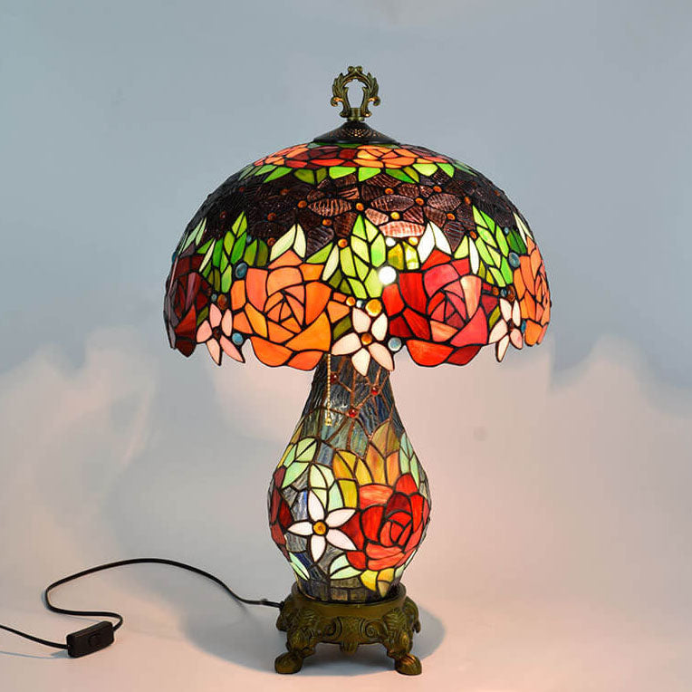 Tiffany Rustic Roses Stained Glass 3-Light Table Lamp