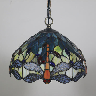Lámpara colgante de 1 luz con pantalla de vidrio Tiffany Retro Dome Dragonfly 