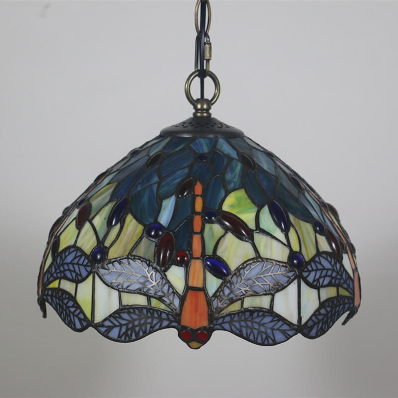 Lámpara colgante de 1 luz con pantalla de vidrio Tiffany Retro Dome Dragonfly 