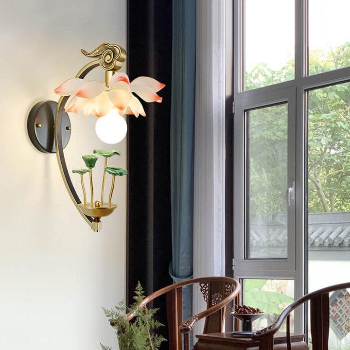 Applique murale moderne en céramique de lotus chinois à 1 lumière en résine 