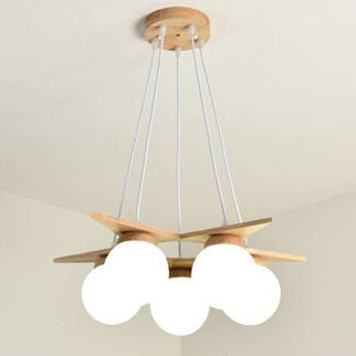 Modern Solid Wood Frosted Glass Ball 3/5 Light Chandelier