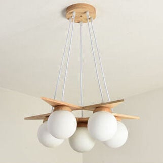 Modern Solid Wood Frosted Glass Ball 3/5 Light Chandelier