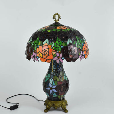 Tiffany Rustic Roses Stained Glass 3-Light Table Lamp