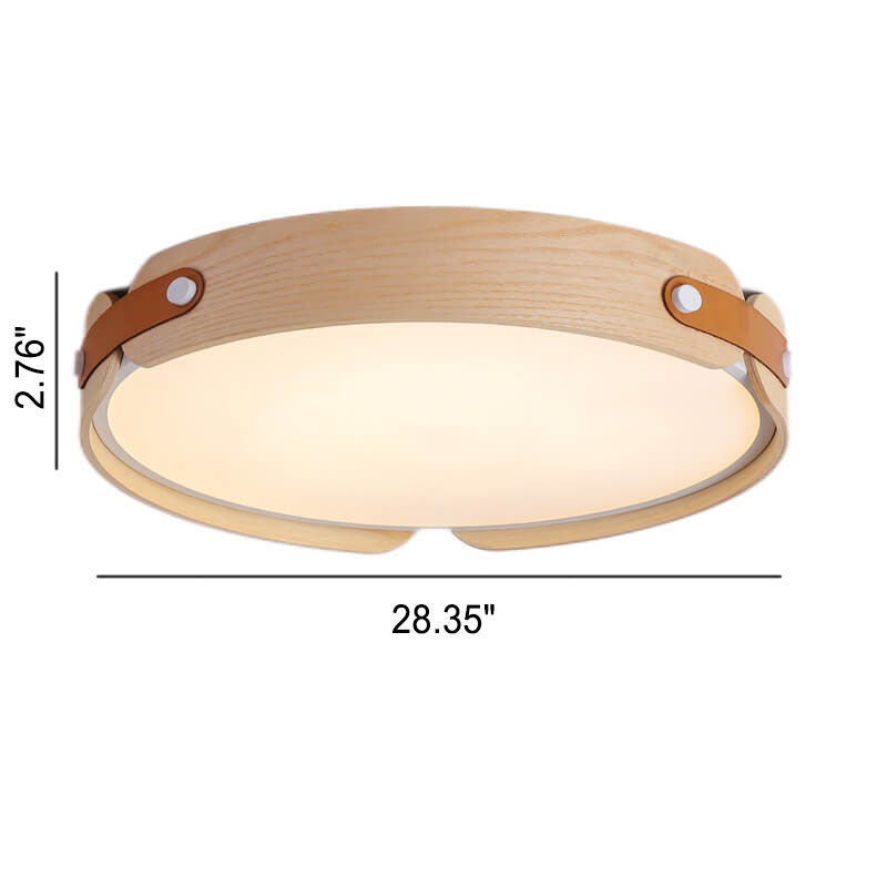 Modern Minimalist Solid Wood Round Leather Design LED Flush Mount Ceiling Light