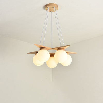 Modern Solid Wood Frosted Glass Ball 3/5 Light Chandelier