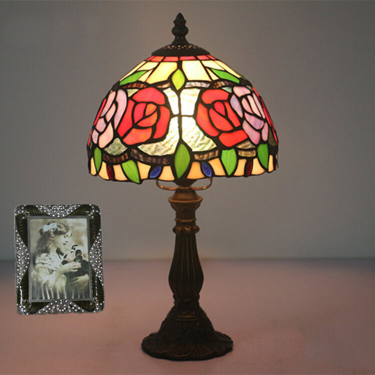 Lámpara de Mesa Retro Tiffany Flor de Rosa en Vidrio de Colores con 1 Luz 