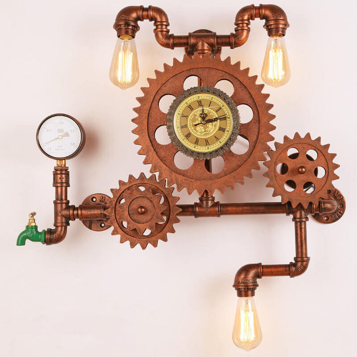 Vintage Industrielle Zahnrad Wasserrohr Uhr 3-Licht Wandleuchte 
