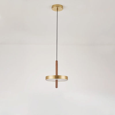 Vintage Walnut Flat Round Brass LED Pendant Light