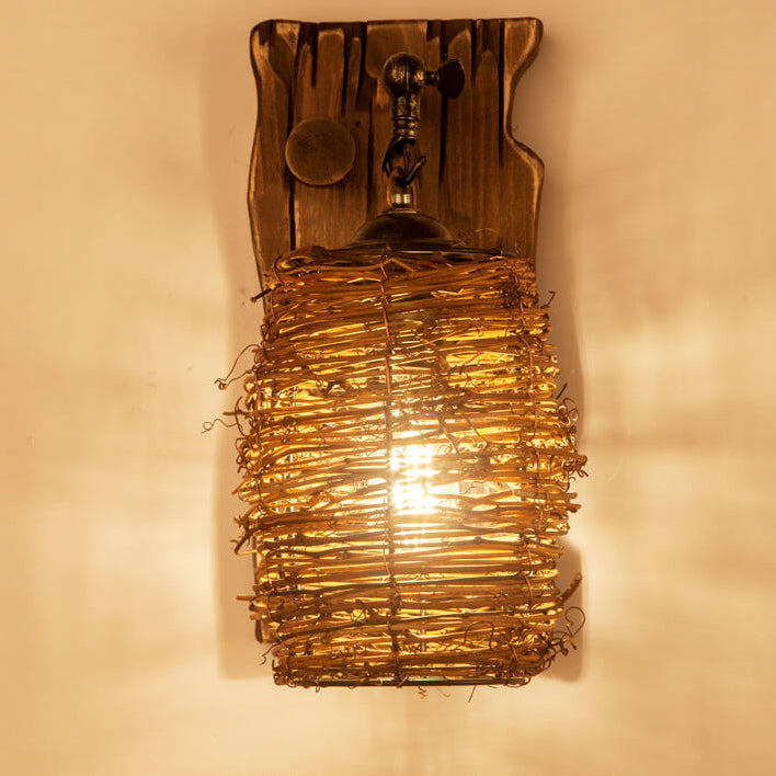 Vintage Original Holz Zylinder Schirm Antike 1-Licht Wandleuchte Lampe 