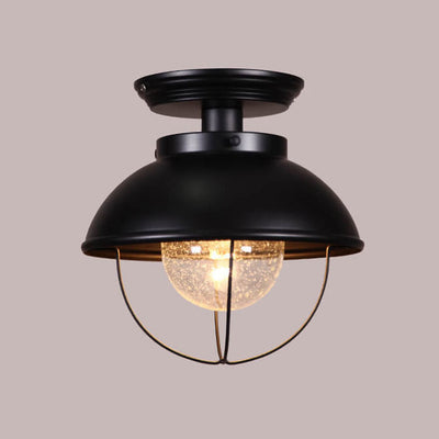 Industrial Balcony Iron Dome Glass Shade 1-Light Semi-Flush Mount Ceiling Light