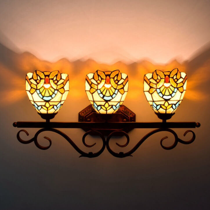 Vintage Tiffany Baroque Stained Glass 3-Light Wall Sconce Lamp