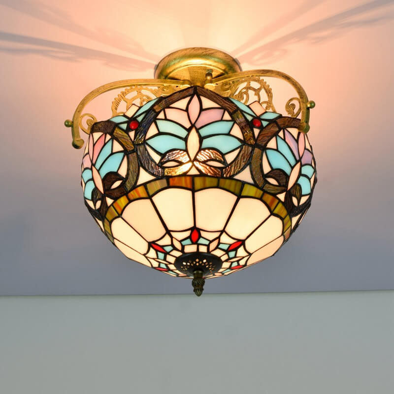 Tiffany Mittelmeerblaues Buntglas 2-Licht Semi-Flush-Montage Deckenleuchte 