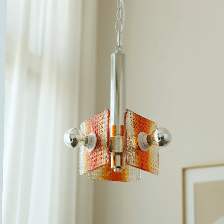 Traditional Vintage Caramel Glass Iron Square 3-Light Chandelier for Living Room