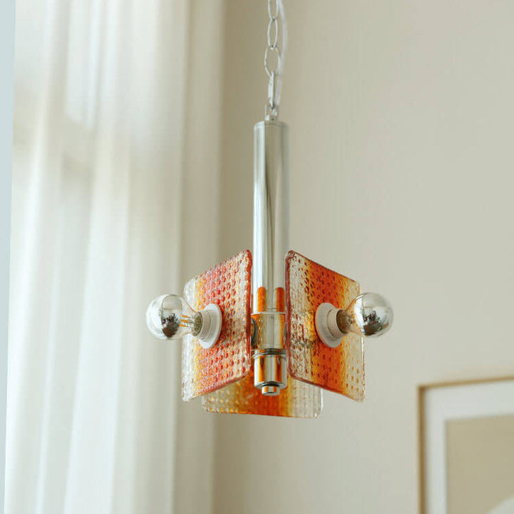 Traditional Vintage Caramel Glass Iron Square 3-Light Chandelier for Living Room