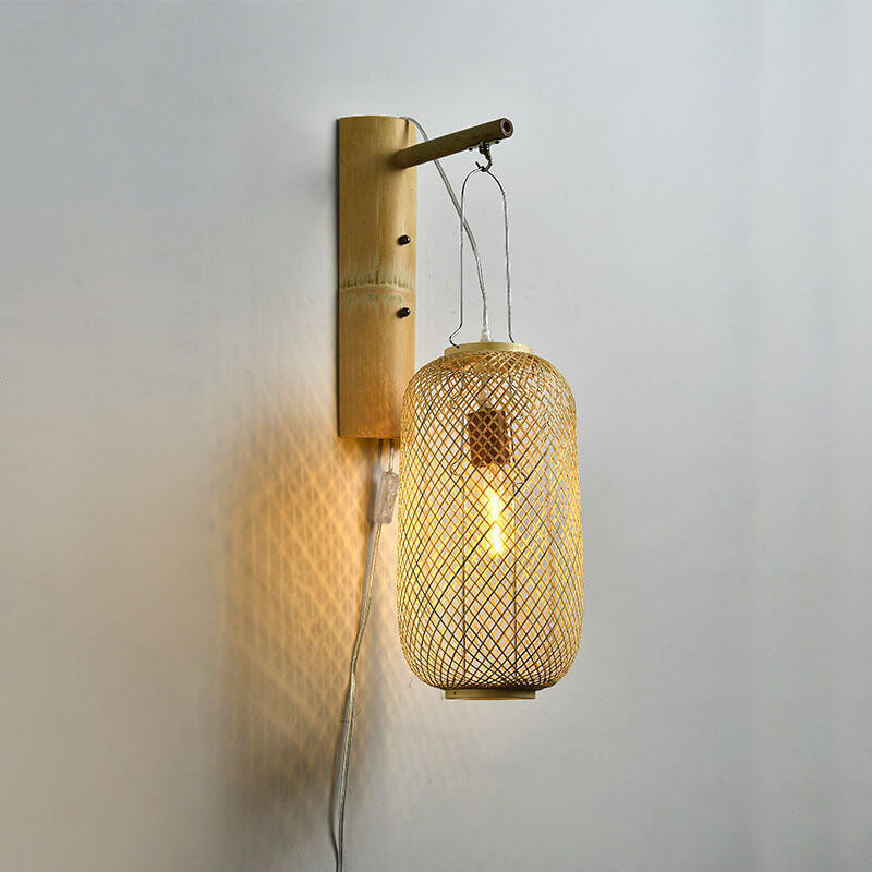 Moderne Bambusgeflecht-Säulenlaterne 1-Licht Wandleuchte 