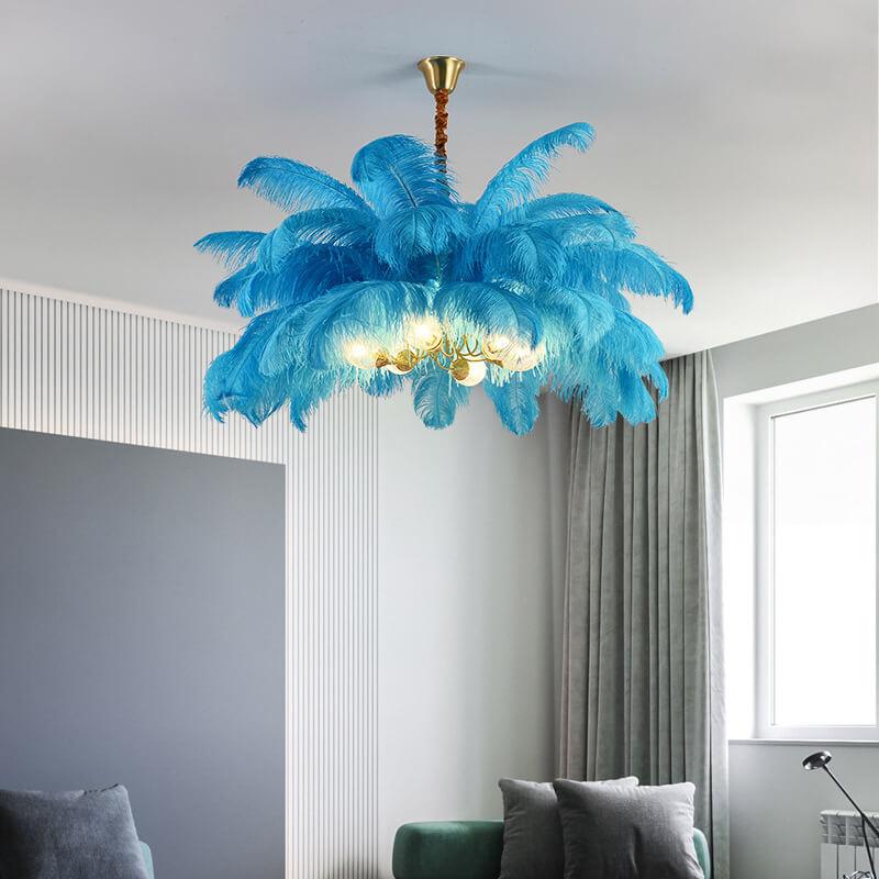 Modern Ostrich Feather 6-Light Brass Chandeliers