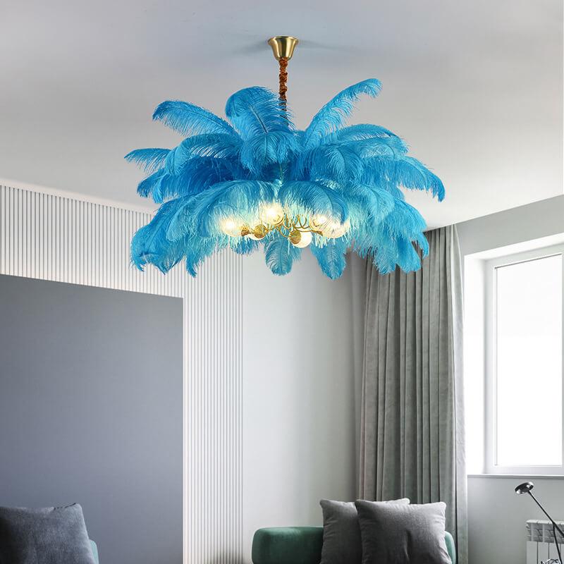 Modern Ostrich Feather 6-Light Brass Chandeliers