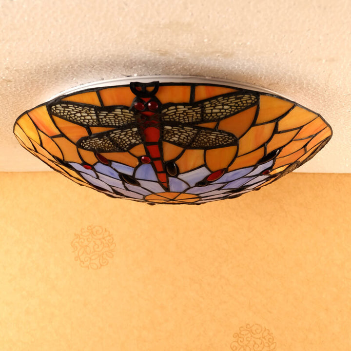 Luz de techo empotrada de vidrio con libélula naranja Tiffany europea 2/3 luces 