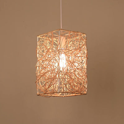 Vintage Rattan Weaving Square Shape 1-Light Pendant Light