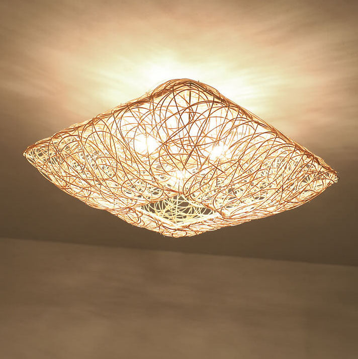 Modern Rattan Weaving Nest Square Shape 3-Light Flush Mount Ceiling Light