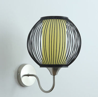 Bamboo Weaving Globe Shade Metal Curved Arm 1-Light Wall Sconce Lamp