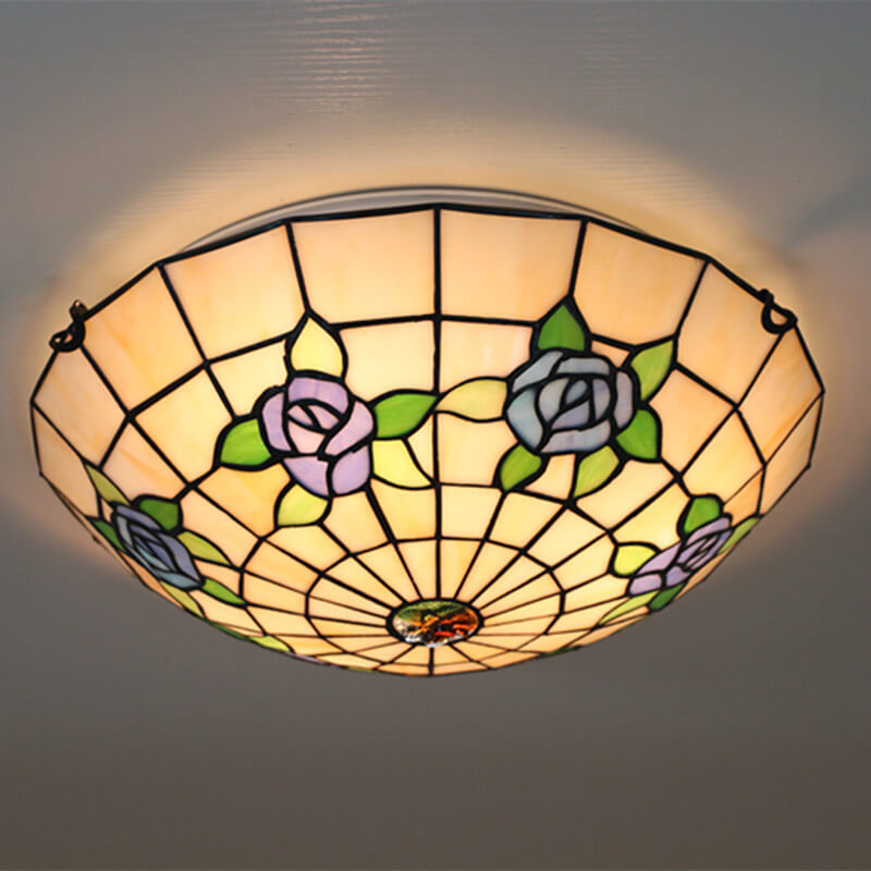 Vintage Tiffany Rose Glass 3-Light Flush Mount Ceiling Light