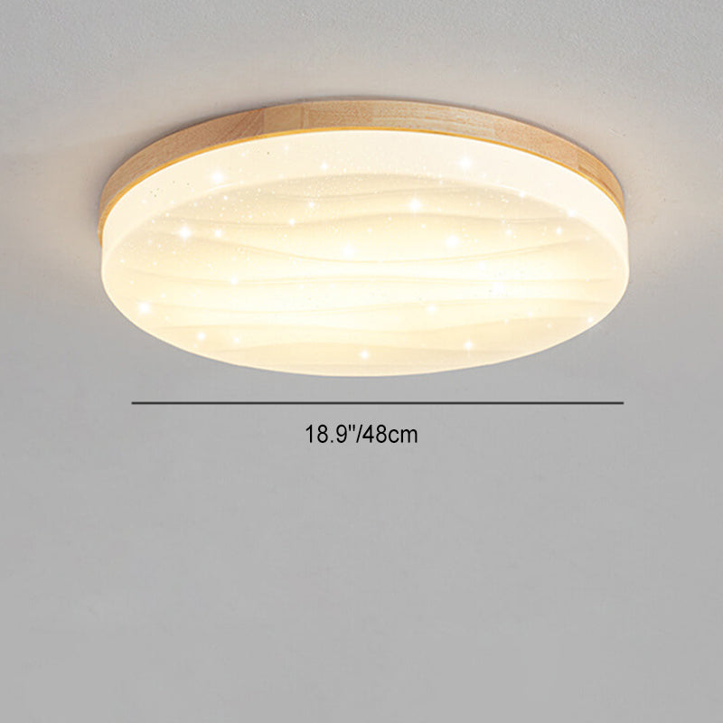 Modern Minimalist Solid Wood Edging PVC Round Shade LED Flush Mount Ceiling Light For Living Room