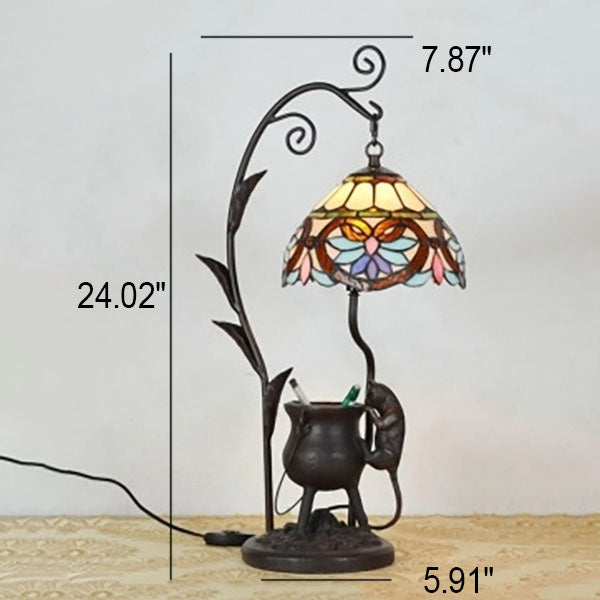Lampe de table vintage à 1 lumière avec base de souris en vitrail Tiffany Dome 