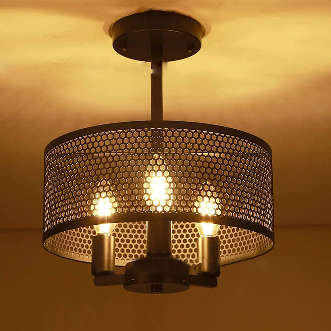 Lustre industriel rond en fer forgé noir à 3 lumières 