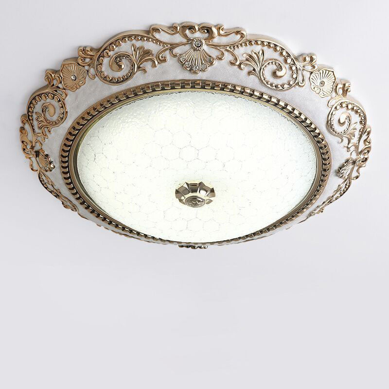 European Retro Round Carved Lace Resin Glass LED Flush Mount  Ceiling Light