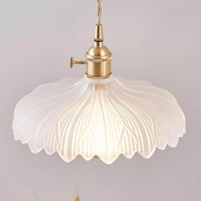 Nordic Carved Glass Petal Brass Dome 1-Light Pendant Light