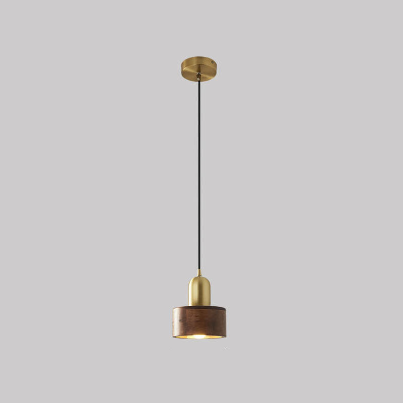 Vintage Walnut Cylinder Brass Top LED Pendant Light