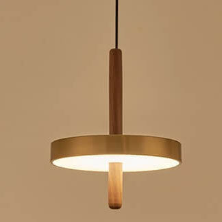 Vintage Walnut Flat Round Brass LED Pendant Light