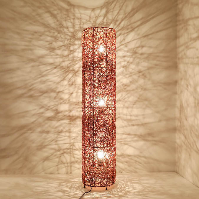 Modern Minimalist Iron Rattan Weaving Column Shaped 3-Light Standing Floor Lamp For Living Room &amp; Bedroom