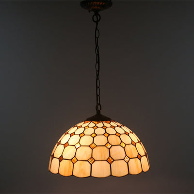 Vintage Tiffany Baroque Stained Glass Dome 3-Light Pendant Light