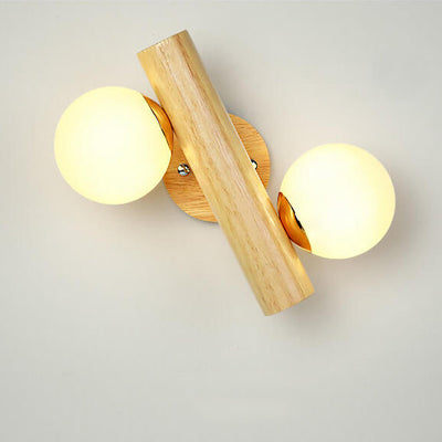 Modern Log Wood Double Glass Globe 2-Light Wall Sconce Lamp