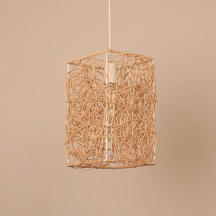 Vintage Rattan Weaving Square Shape 1-Light Pendant Light