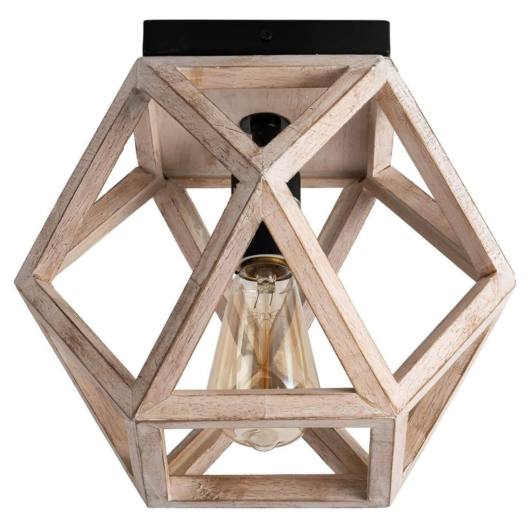 Lámpara de techo semiempotrada de 1 luz con jaula de madera envejecida vintage 