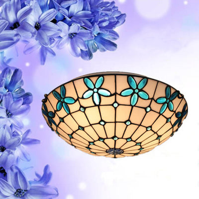 Tiffany Stained Glass Lilac Flower Bowl Shape 3/4 Light Flush Mount Ceiling Light