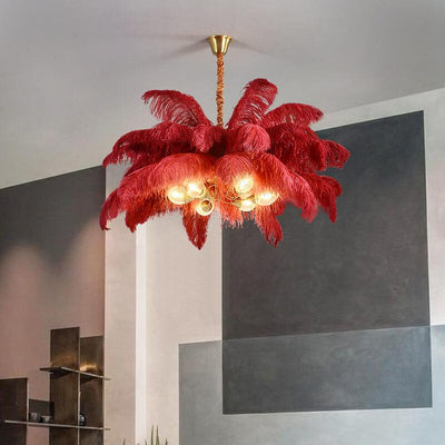 Modern Ostrich Feather 6-Light Brass Chandeliers