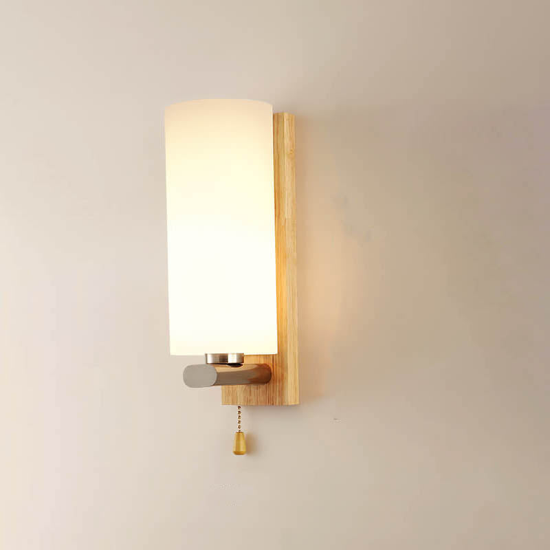 Nordic Wooden Glass Cylindrical 1-Light Wall Sconce Lamp