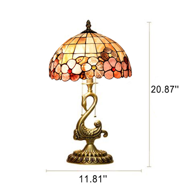 Tiffany Vintage Floral Stained Glass Swan 2-Light Table Lamp