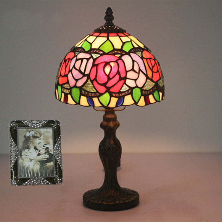 Retro Tiffany Flowering Rose Stained Glass 1-Light Table Lamp