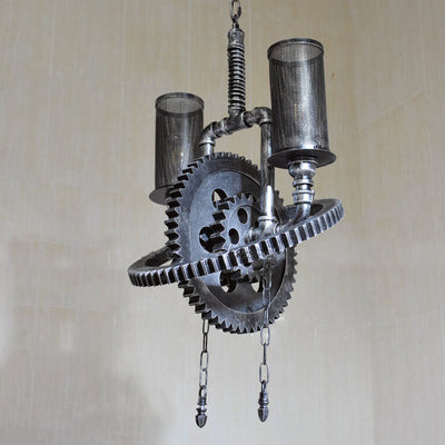 Industrieller Vintage Kronleuchter aus Eisen in Zahnradform mit 2 Leuchten 